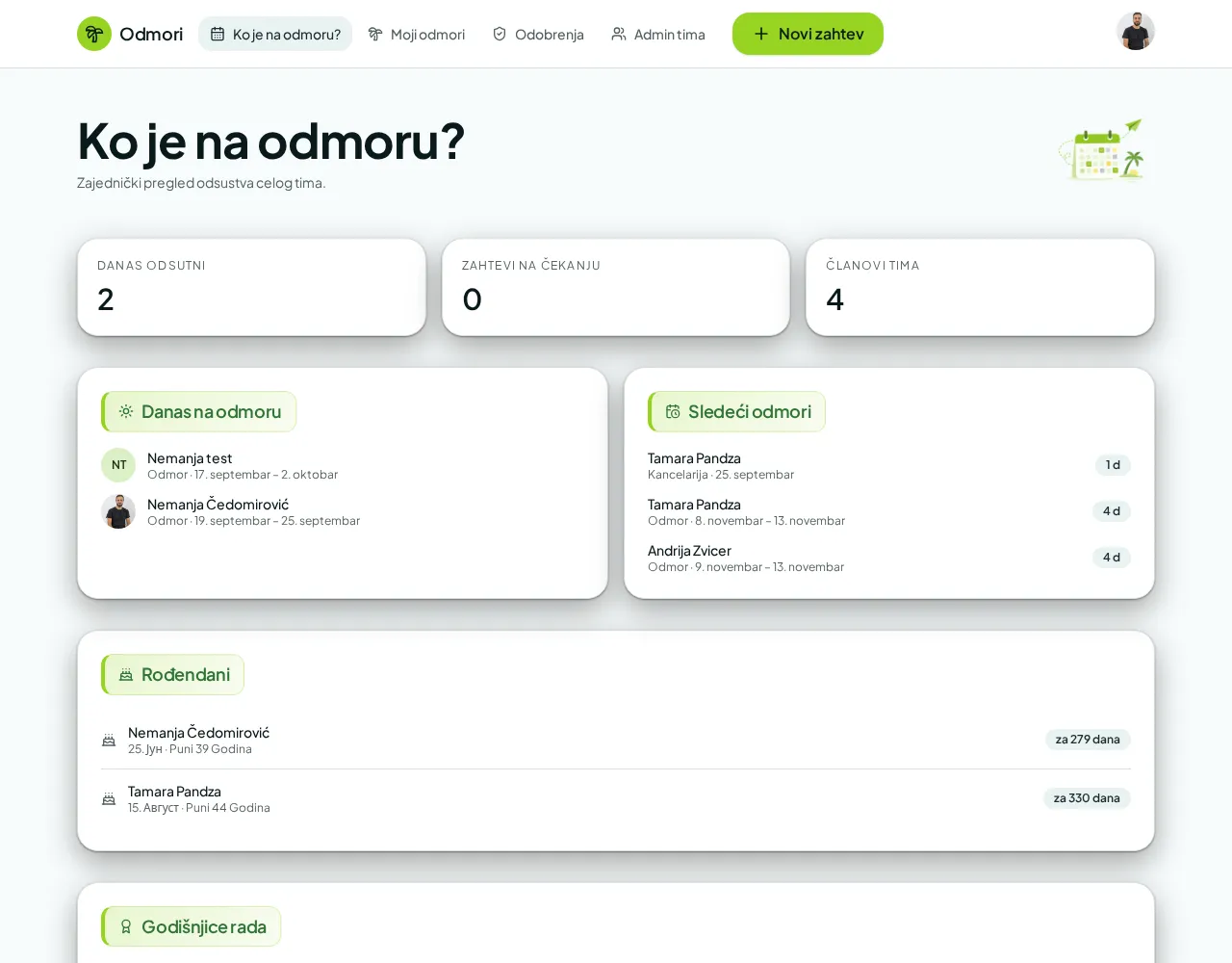 Snimak ekrana: Kalendar tima