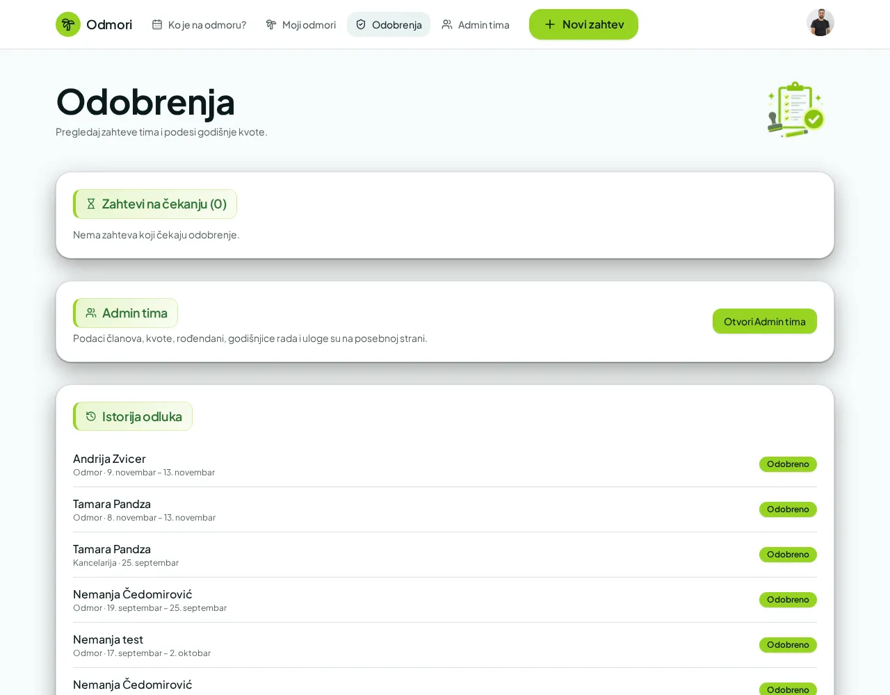 Snimak ekrana: Odobrenja
