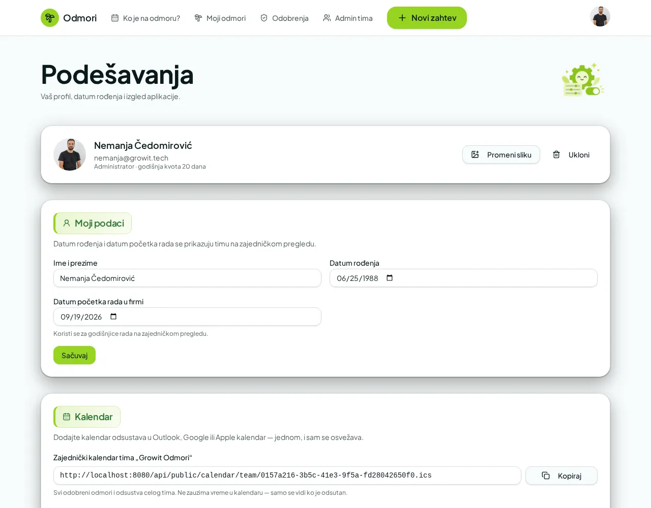 Snimak ekrana: Podešavanja